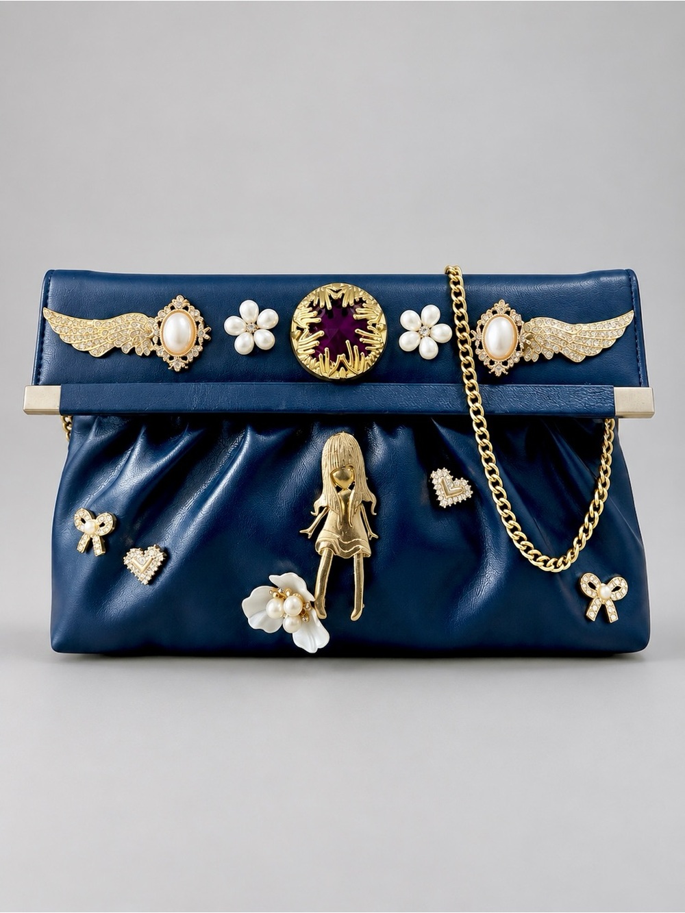 One of a Kind Vintage Navy Blue Leather Embellished Shoulder Bag Purple Stone